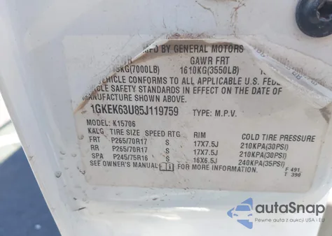 2005 GMC Yukon Denali z USA, uszkodzony, nr VIN 1GKEK63U85J119759